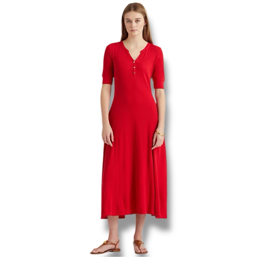 Lauren Ralph Lauren Cotton Henley Red Rib Knit Midi Elbow Sleeve. Women Sz Small